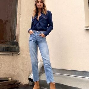 Denim Forum Arlo High Rise Straight Jean Raw Hem Size 27 EUC